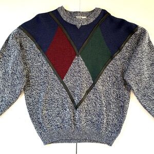 Vintage‎ 80s 90s Urban Works Color Block Geometric Leather Argyle Sweater Size L